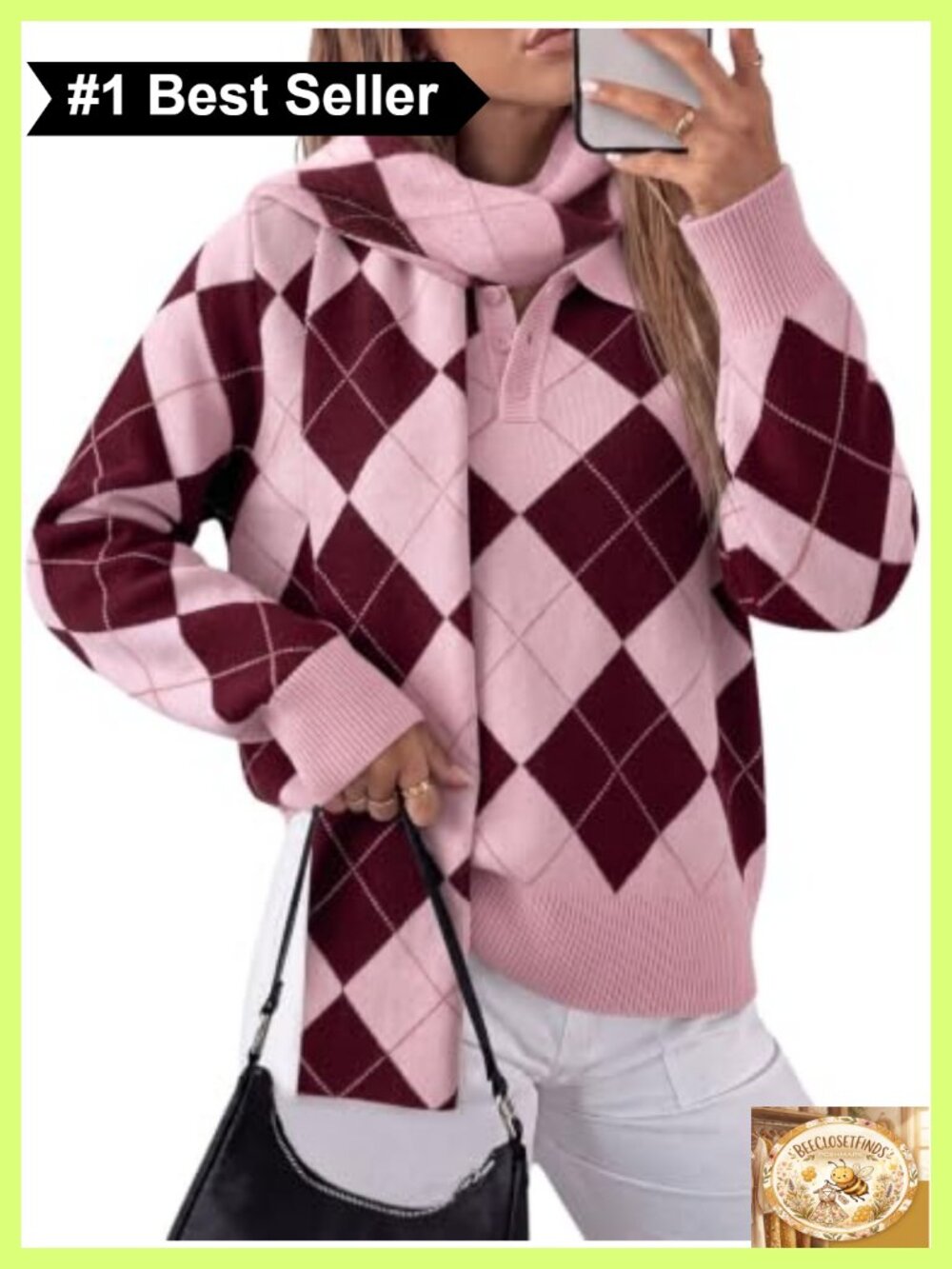 Argyle Color Block Polo Sweater Pullover with Scarf Long Sleeve Knit Top